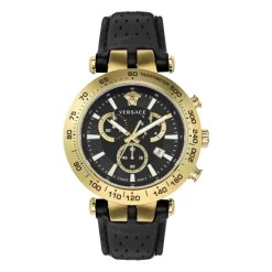 Versace Bold Chrono Zwart Lederen Gouden Horloge-Heren Horloges