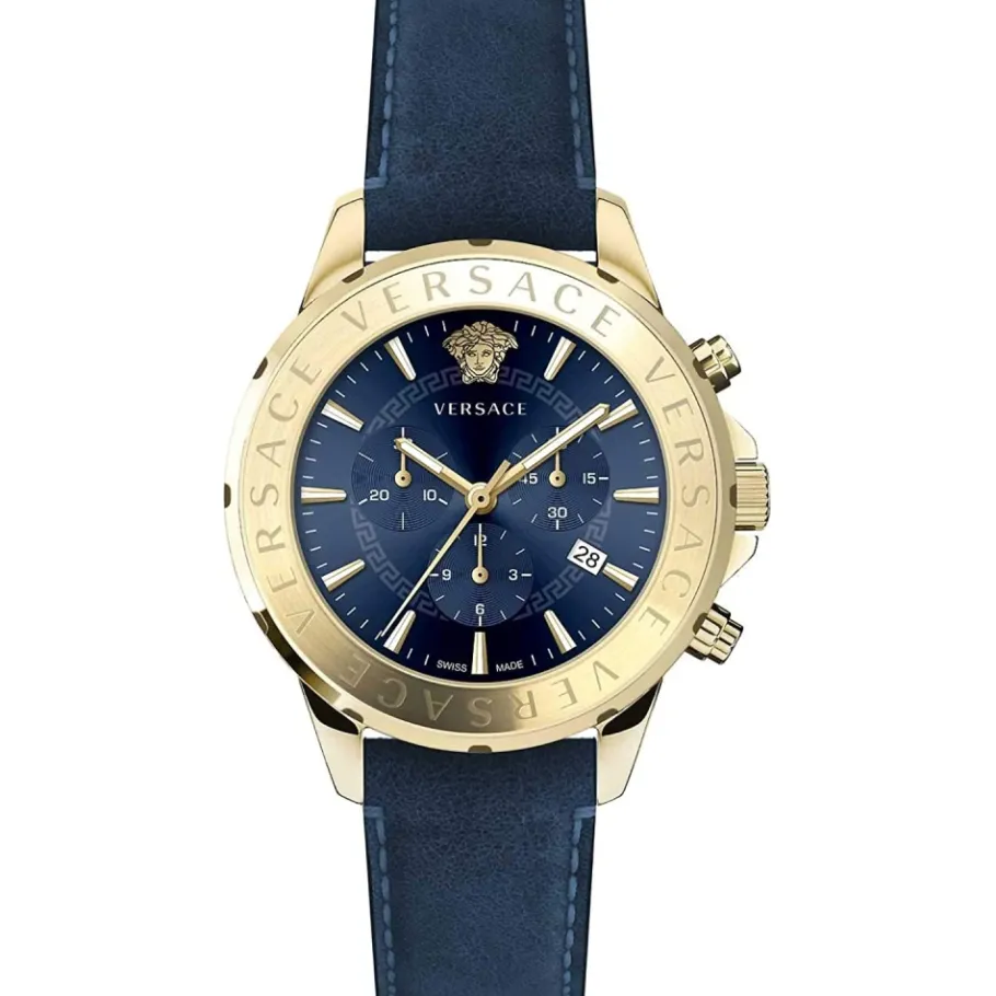Versace Chrono Signature Blauw Leder Goud Staal Horloge-Heren Horloges