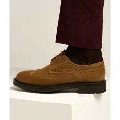 Kiton Derby in kalfsleer suède met brogue bloempatroon-Heren Instappers & Slip Ons|Nette Schoenen