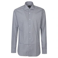 Barba Napoli Fantasia Bianco/Blu Neck Shirt-Heren Overhemden