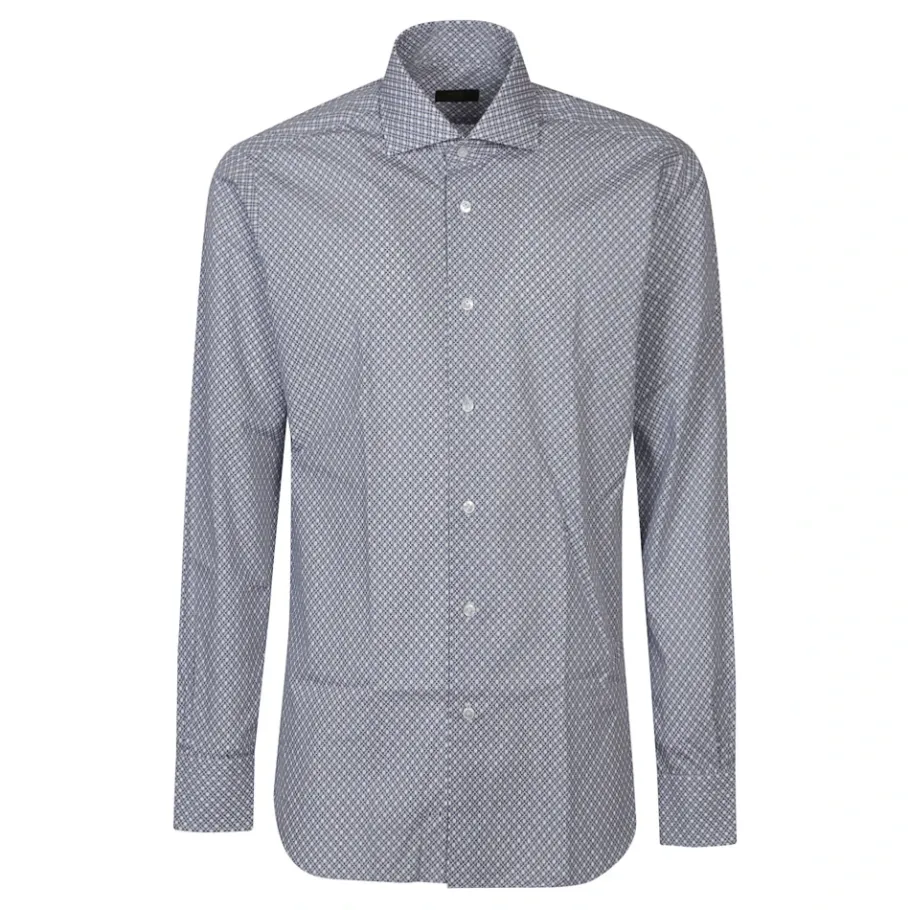 Barba Napoli Fantasia Bianco/Blu Neck Shirt-Heren Overhemden