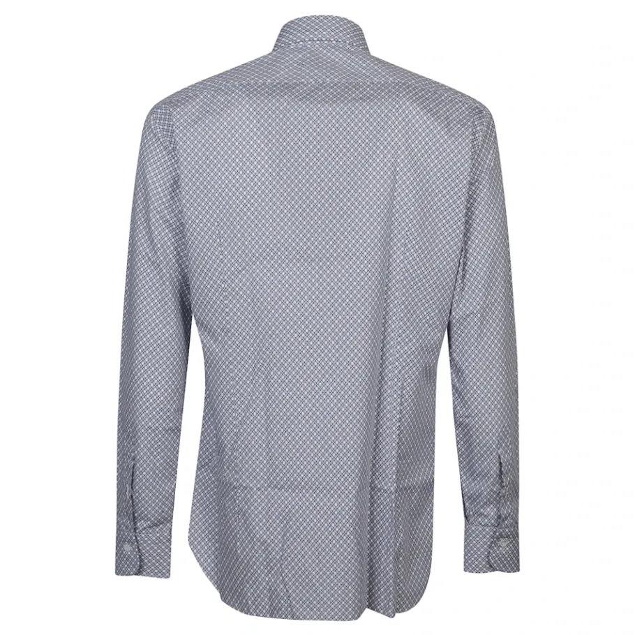 Barba Napoli Fantasia Bianco/Blu Neck Shirt-Heren Overhemden