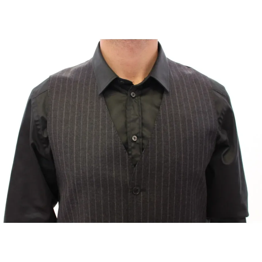 Dolce & Gabbana Grijze Gestreepte Wol Logo Vest-Heren Kostuums