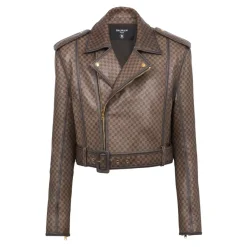 Balmain Leren bikerjack met mini-monogramprint-Heren Jassen