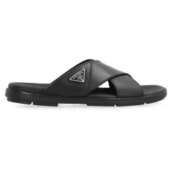 Prada Logo Leren Slippers, Ronde Neus-Heren Slippers