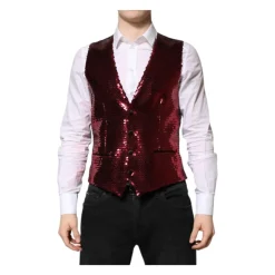 Dolce & Gabbana Rode Pailletten Formele Vest-Heren Kostuums
